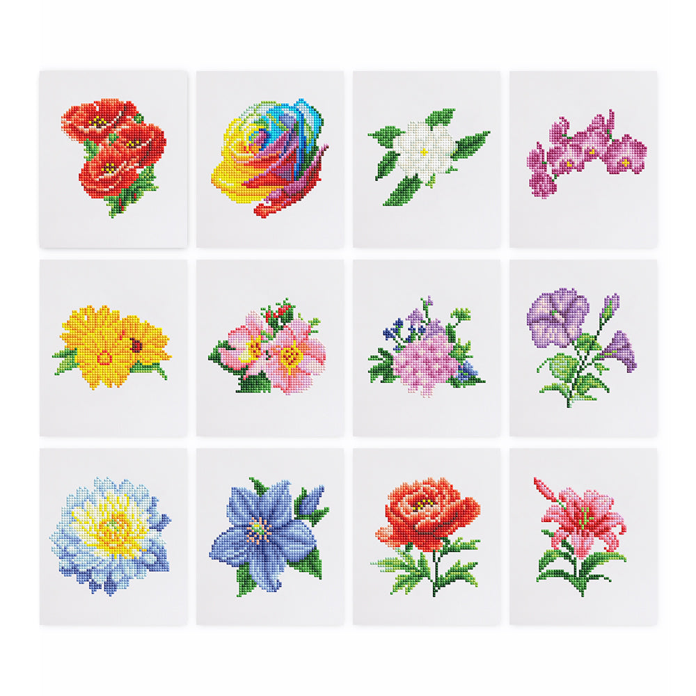 Grid layout of 12 blooming flower diamond painting canvases – colorful floral patterns perfect for beginners.