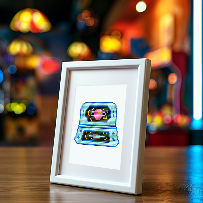 Blue retro boombox canvas – 80s-style music lover’s diamond painting kit.