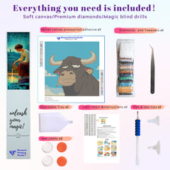 Complete small funny diamond painting kit of bored bull with canvas, drills and tools, great gift for quirky art lovers.