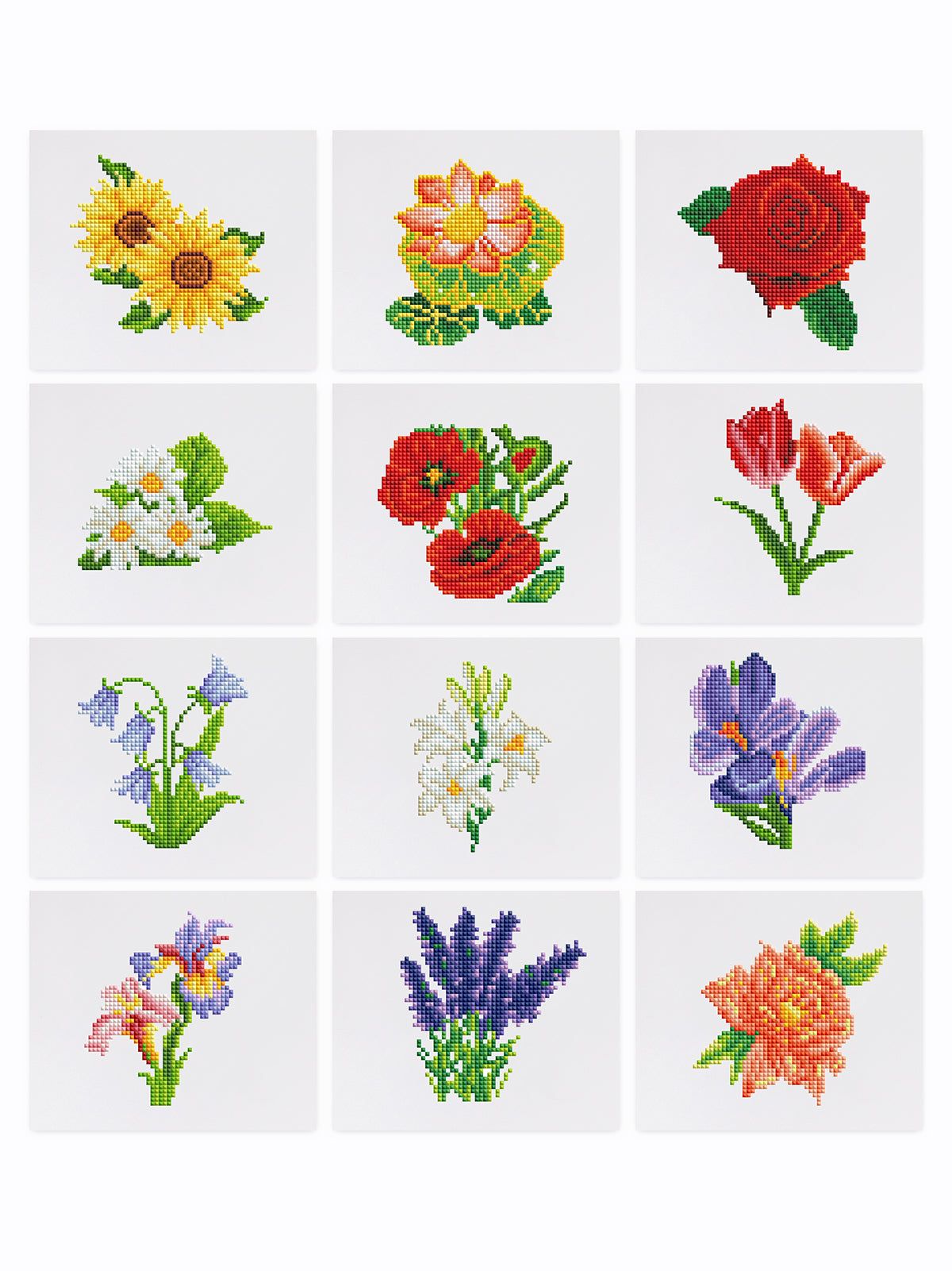 9 mini diamond painting floral canvases, each featuring a unique flower arrangement – perfect for beginners and craft lovers.