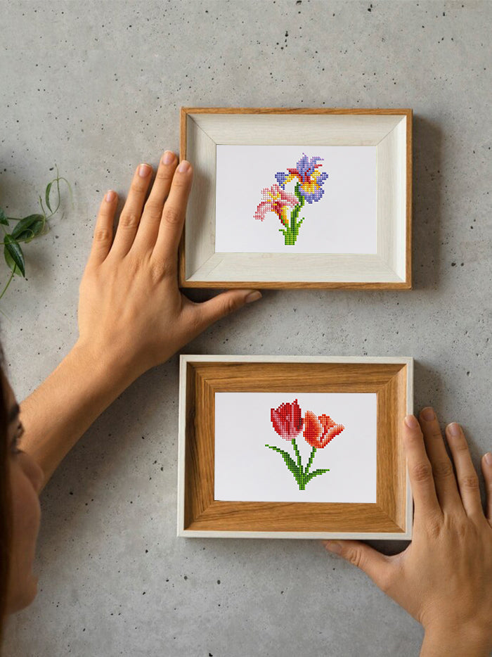 Two floral mini diamond paintings framed and displayed together, showing color contrast and artistic joy.
