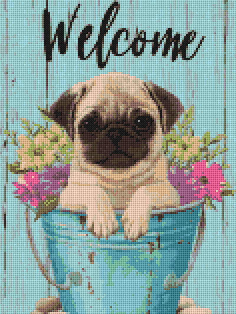 Preview of 30x40cm pug in bucket diamond painting kit with pastel flowers and welcome message. Great DIY decor for pet and flower lovers.