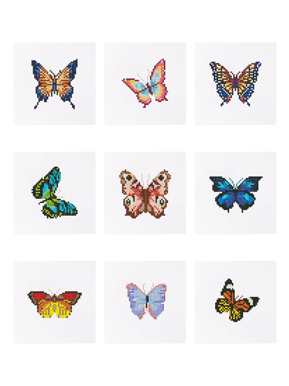 Set of 9 butterfly diamond painting designs on white canvas – colorful mosaic-style patterns ideal for custom DIY diamond art kits, featuring bright wings in orange, blue, pink, and green.