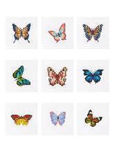 Set of 9 butterfly diamond painting designs on white canvas – colorful mosaic-style patterns ideal for custom DIY diamond art kits, featuring bright wings in orange, blue, pink, and green.