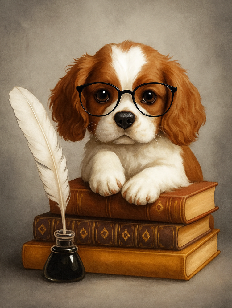 30x40cm diamond painting kit featuring a scholar dog with glasses on a book stack, paw on pages, and feather quill nearby. Square resin drills, soft canvas, perfect for dog lovers and readers.