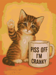 30x40cm diamond painting kit with grumpy tabby cat raising paw beside a mug that reads “PISS OFF I’M CRANKY”. Square resin drills, soft canvas, and fun DIY craft.