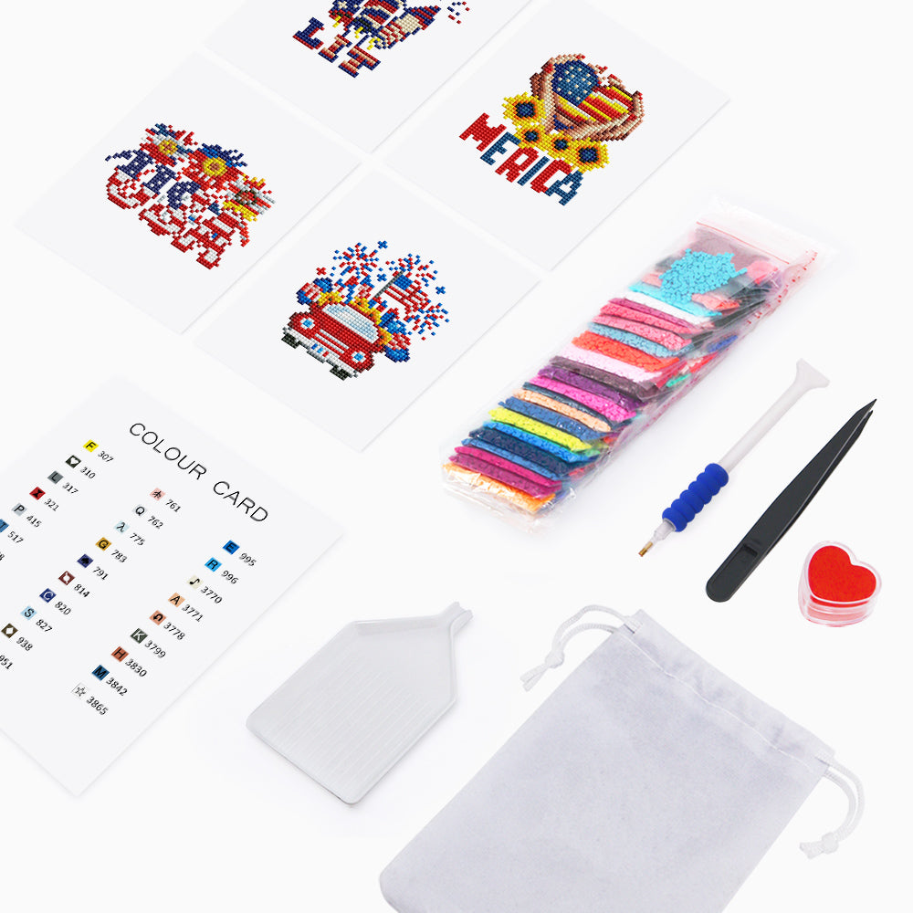 Complete celebration diamond painting kit with 4 canvases, tool set, color card, and storage bag — fun and mindful craft activity