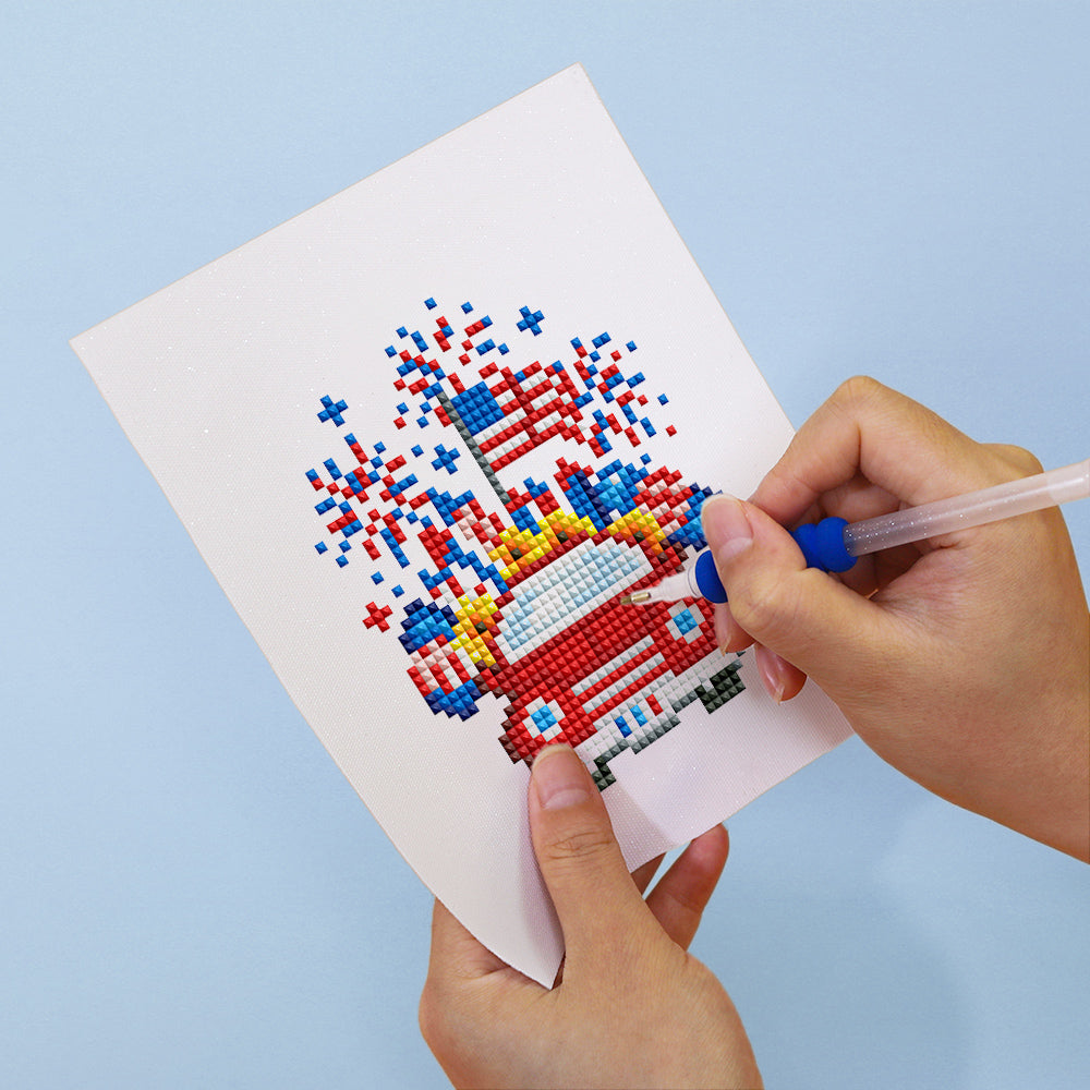 DIY fireworks diamond painting in progress on soft canvas — relaxing craft kit with patriotic vibes and resin drills