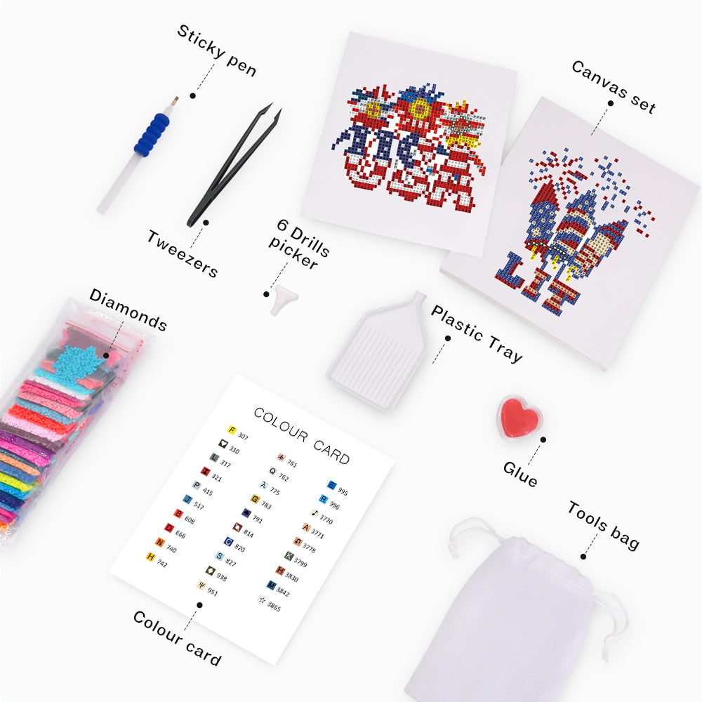Top view of USA celebration diamond painting kit with all accessories laid out — perfect gift for crafters and holiday decor lovers