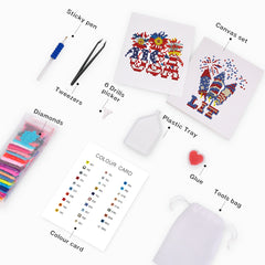 Top view of USA celebration diamond painting kit with all accessories laid out — perfect gift for crafters and holiday decor lovers