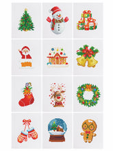 9 mini diamond painting patterns for Christmas including Santa, gifts, snow globe, and gingerbread.