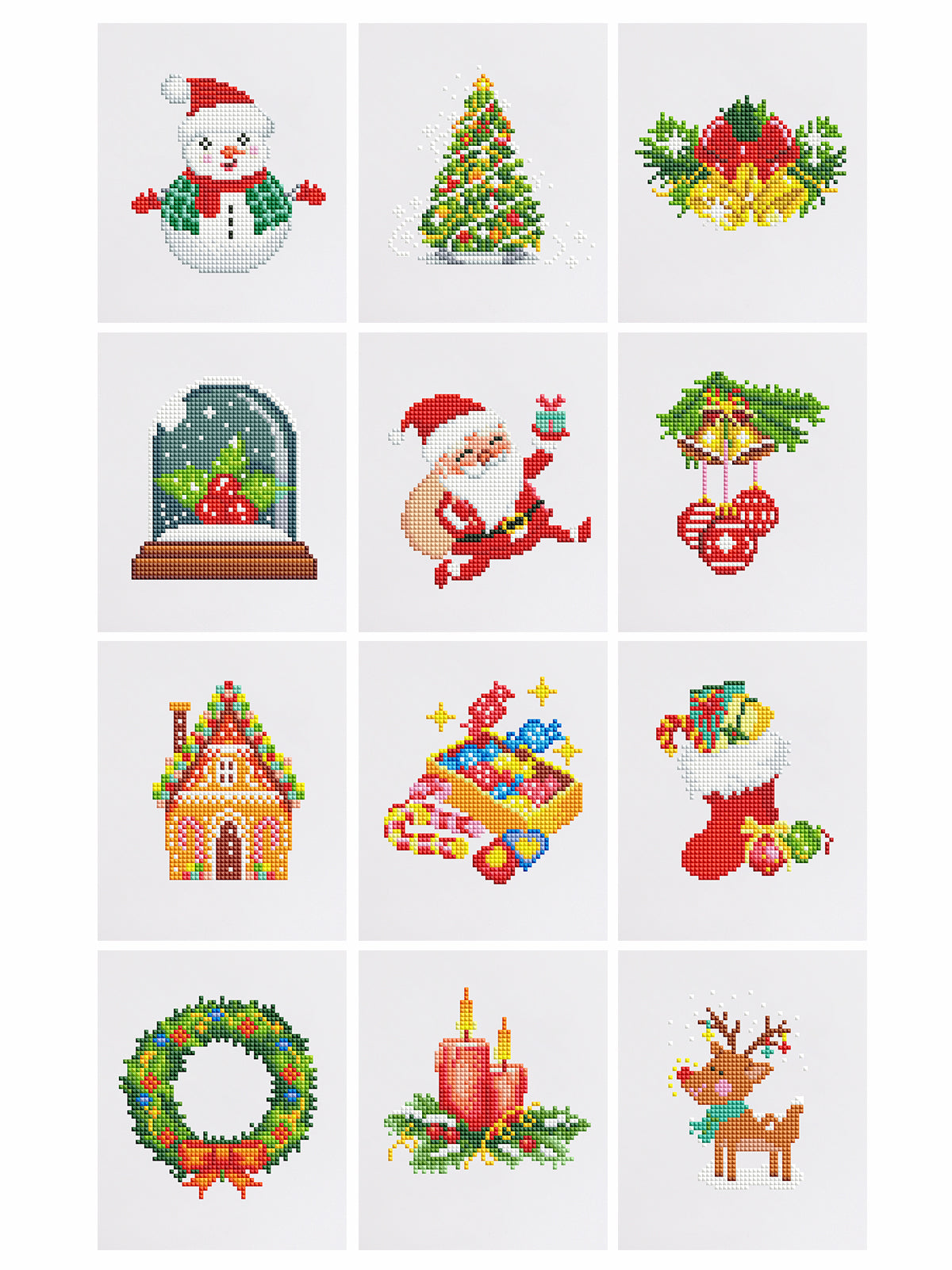 Complete set of Christmas ornament diamond painting patterns, featuring Santa, wreaths, candy canes and stockings. Perfect for festive DIY decor.