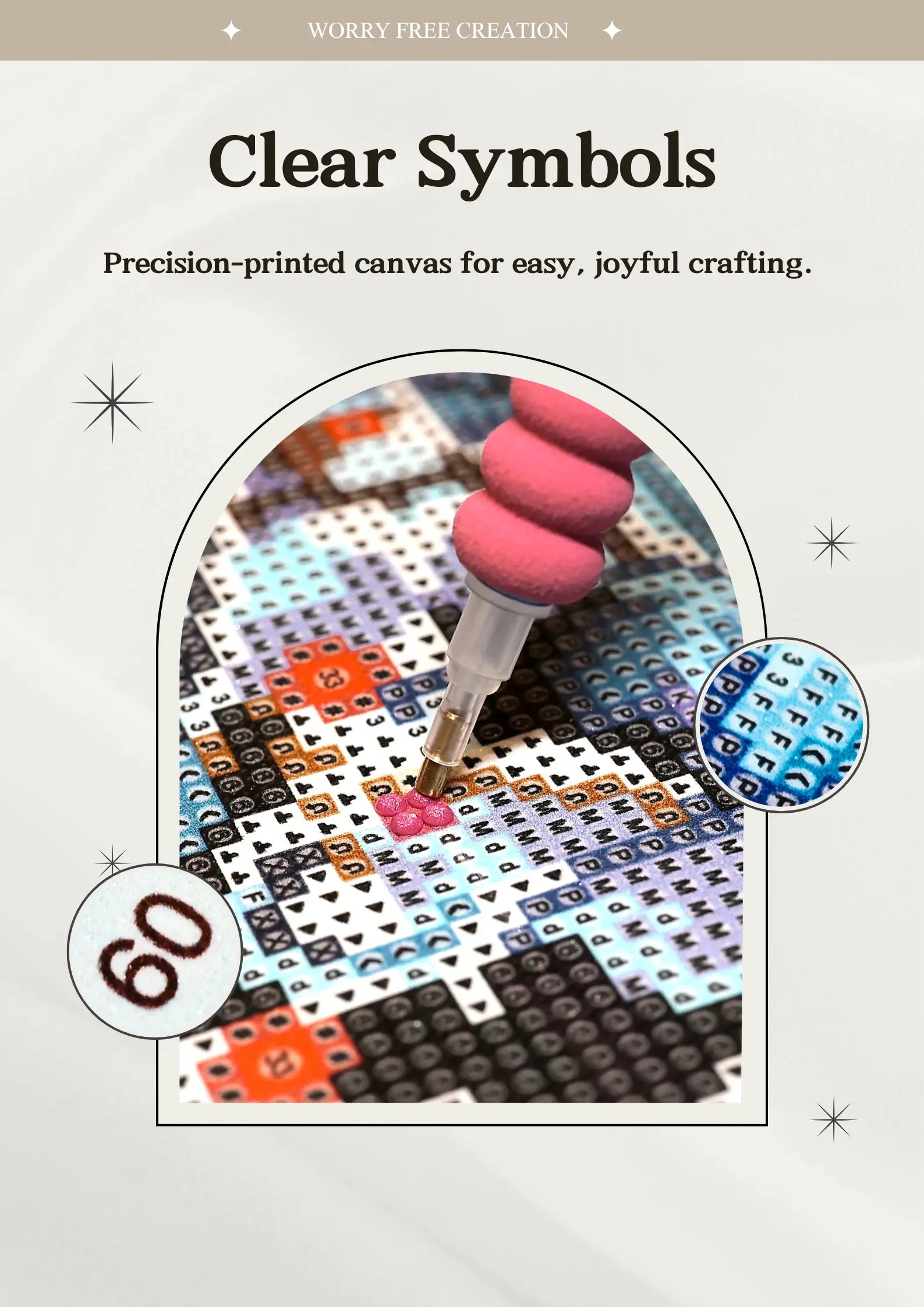 Zoomed-in view of clearly printed symbols on diamond painting canvas, ensuring easy drill placement for beginners and experts alike.