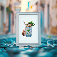 Mini diamond painting of a tropical coconut cocktail with greenery, framed and styled for summer holidays, beach lovers, or tropical home decor.