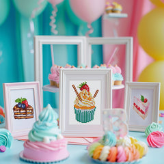 Cupcake diamond paintings showcased with colorful macarons and pastel decor in a playful setting.easy and fun for art  beginners!
