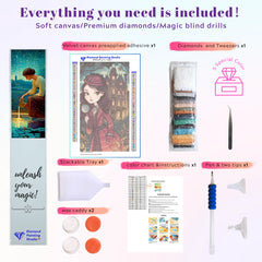 Complete diamond painting kit featuring a detective girl scene, includes printed canvas, resin drills, pen, wax, tray, and tool set—great for creative relaxation.