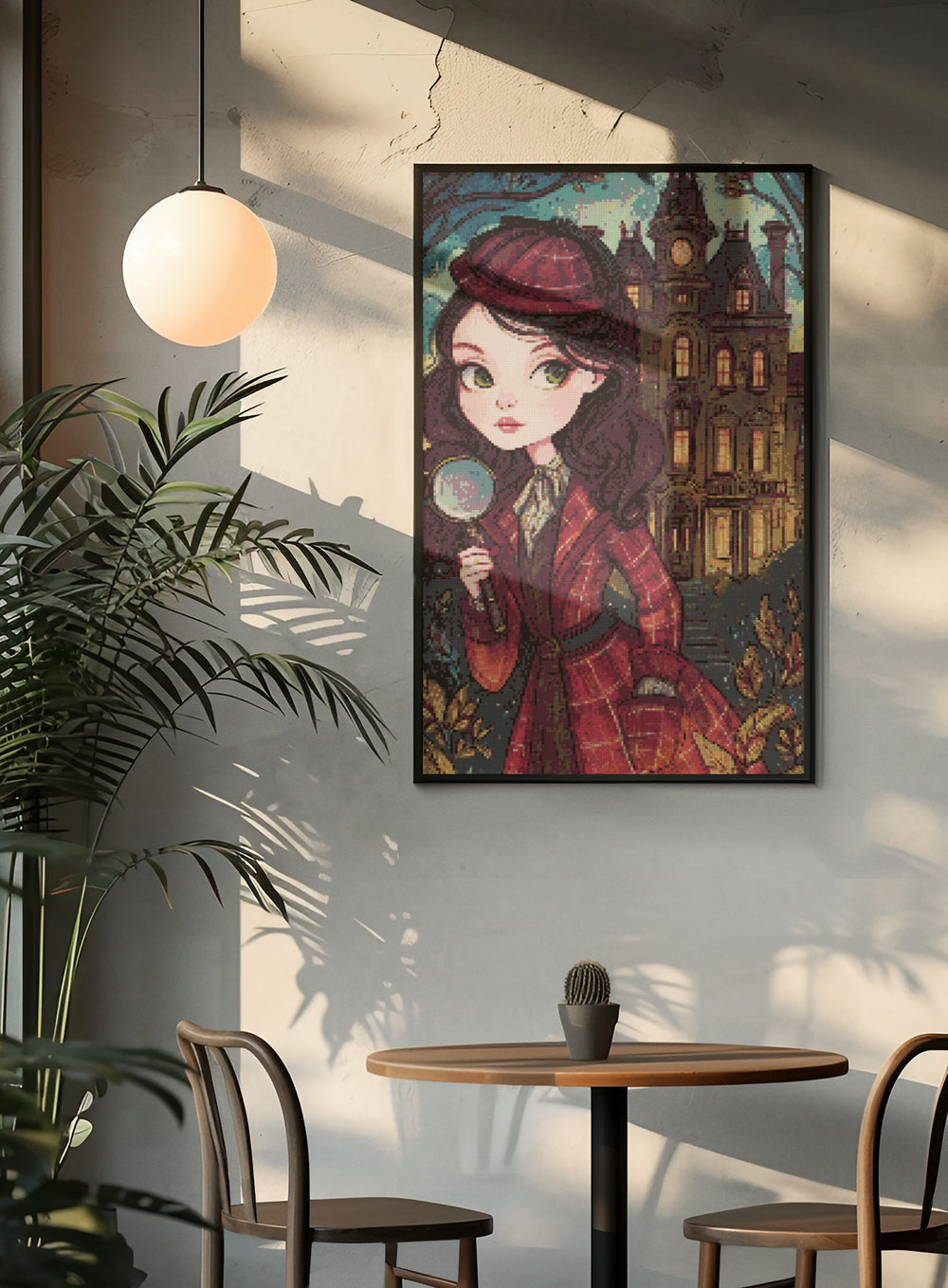 Framed diamond painting of a charming young girl dressed as a detective, displayed in a cozy café-style room—perfect for mystery lovers and DIY art fans.