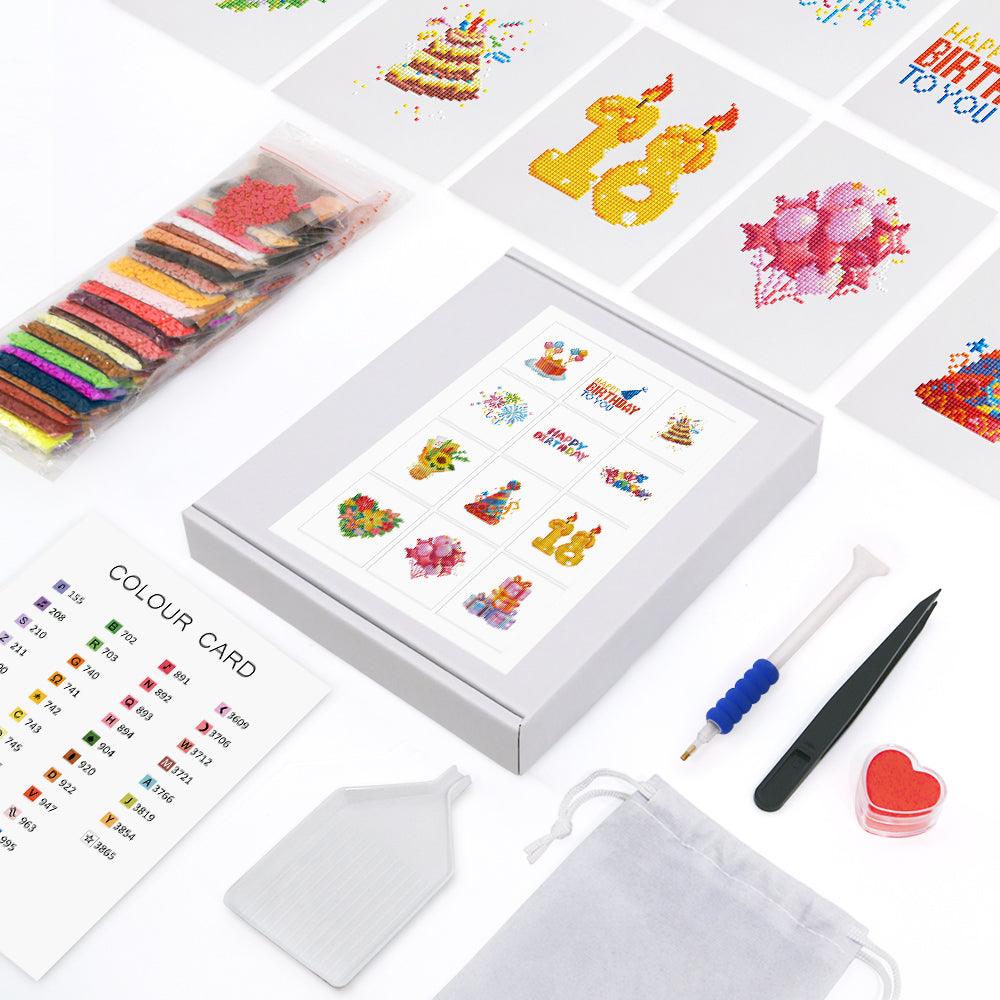 Complete birthday mini kit with color card, diamonds, tools, and soft canvas—designed for beginners and gifting.