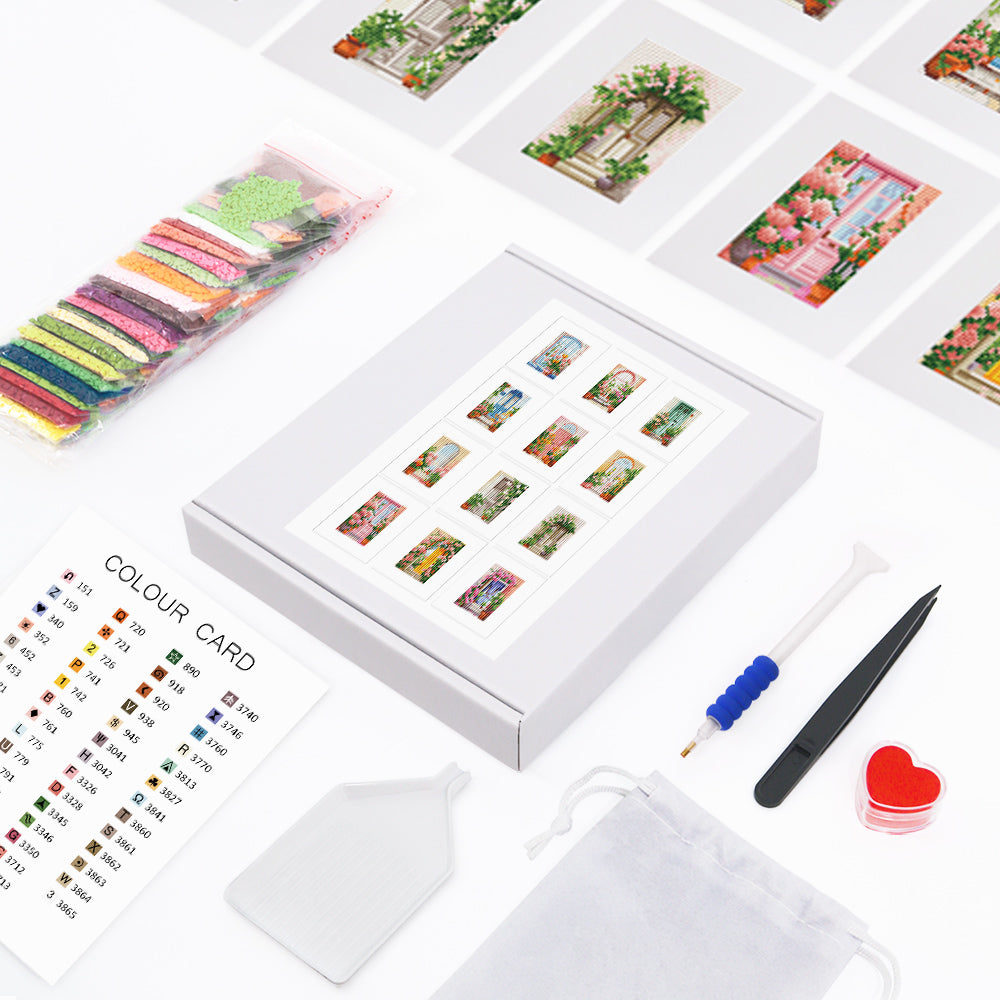 Diamond painting kit for flower and window theme, including soft canvas, resin drills, color chart, and pen tools.Complete tools, perfect for beginners.