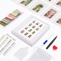 Diamond painting kit for flower and window theme, including soft canvas, resin drills, color chart, and pen tools.Complete tools, perfect for beginners.
