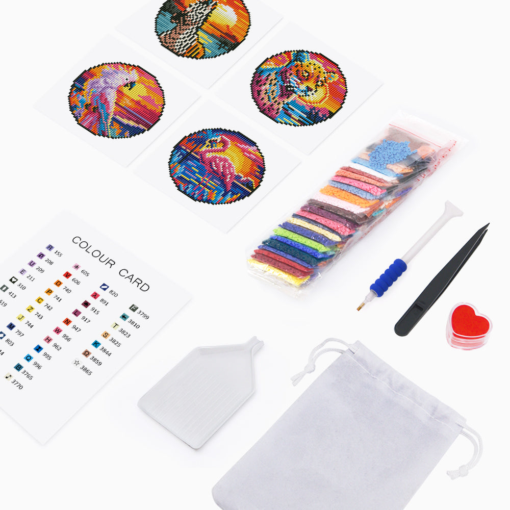 Flat lay of complete diamond painting kit: tools, canvas, and diamonds