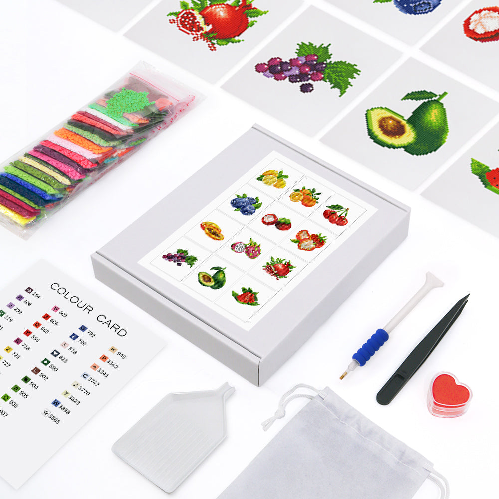 Complete diamond painting kit for fruit series with drills, pens, color chart, canvas, and packing box – ideal for beginners and fruit lovers.