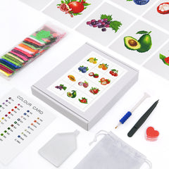 Complete diamond painting kit for fruit series with drills, pens, color chart, canvas, and packing box – ideal for beginners and fruit lovers.