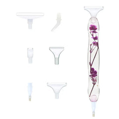 Diamond painting pens with purple flower-filled resin body, 6 interchangeable tips – great for calm and creative craft time.
