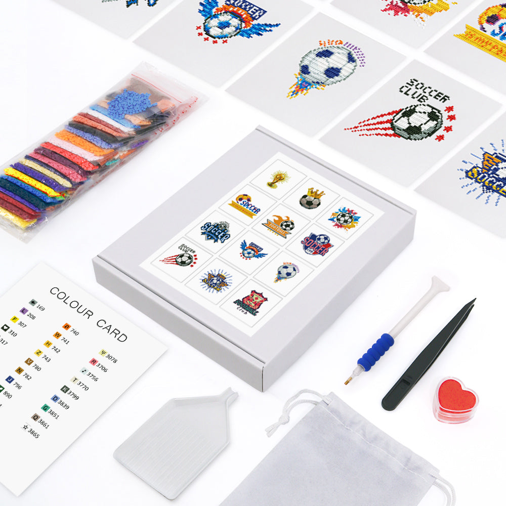 Complete diamond painting kit with drills, canvas, pen & tray. Includes soccer designs, perfect for crafters & gift-giving.