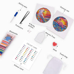 Close-up of tools and canvas from a mini diamond painting kit