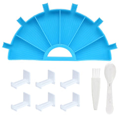 Blue diamond painting tray set with sorting tools: 6 Covers, 1 spoon, and 1 brush.  Lightweight design, perfect for beginners and pros.
