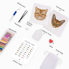 All tools included in the cat diamond art kit: canvas, sticky pen, tweezer, glue, and storage bag – great gift for beginners