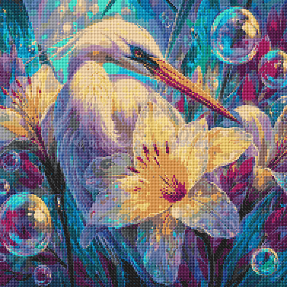 Preview of egret diamond art kit featuring pastel floral tones, iridescent lighting, and peaceful underwater details. 50x50cm canvas for DIY craft.