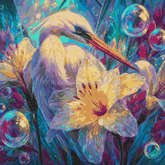 Preview of egret diamond art kit featuring pastel floral tones, iridescent lighting, and peaceful underwater details. 50x50cm canvas for DIY craft.