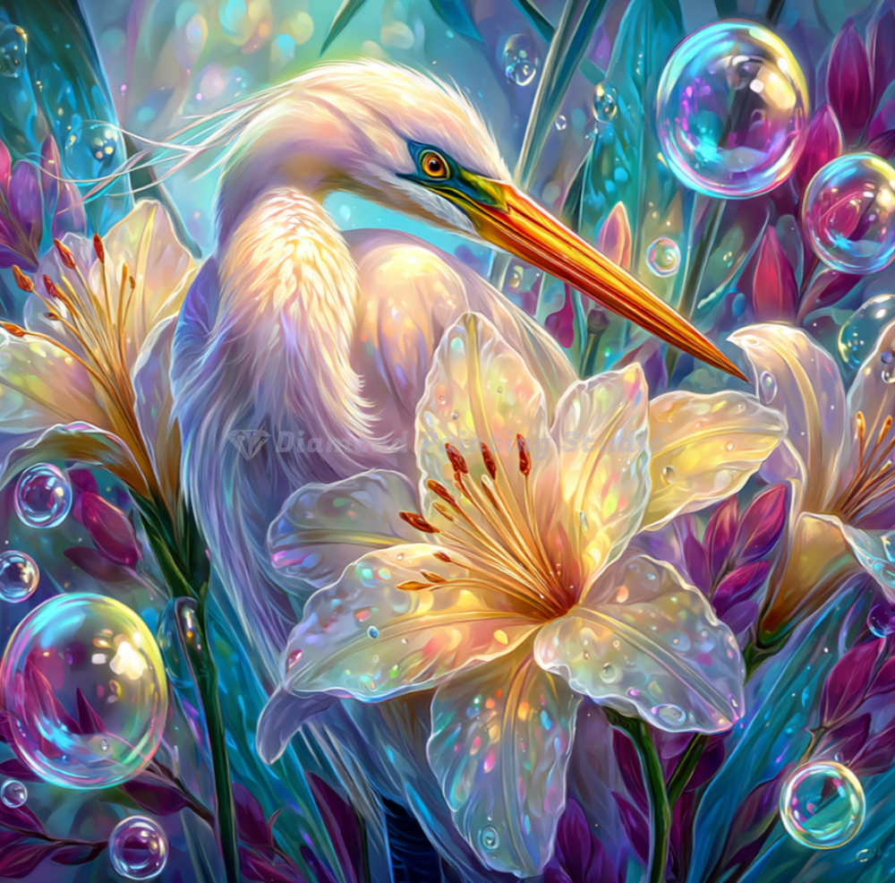 50x50cm diamond painting of a graceful egret standing on one leg amid glowing lilies and shimmering bubbles. Square resin drills on soft canvas.