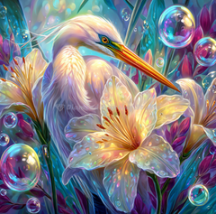 50x50cm diamond painting of a graceful egret standing on one leg amid glowing lilies and shimmering bubbles. Square resin drills on soft canvas.
