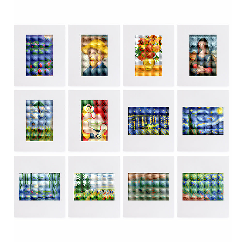 15 mini diamond paintings featuring Van Gogh, Monet, and Da Vinci – perfect canvas kit for art lovers.