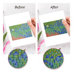 Mini Starry Night diamond painting displayed in frame on table – elegant and gallery-ready look.