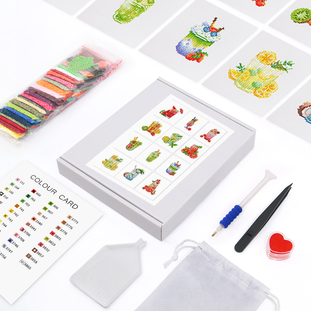 Complete unboxed cocktail drinks diamond painting kit with soft canvas, drills, color card, and tools—great for beginners.