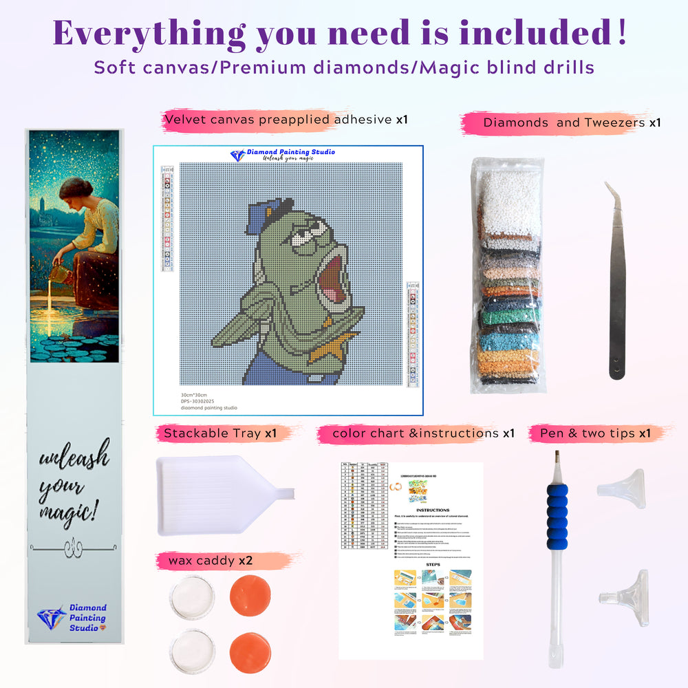 All-in-one diamond painting kit featuring a dramatic fish policeman, ideal for quirky DIY crafters.