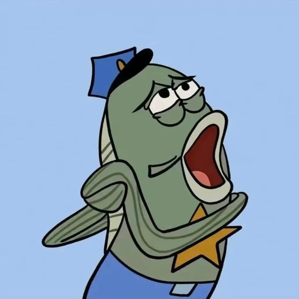 Angry cartoon fish in crisp uniform, a funny and unique handmade painting for nautical-themed spaces.