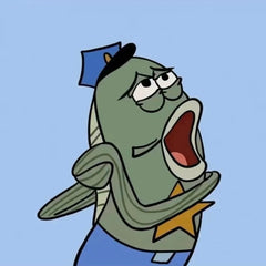 Angry cartoon fish in crisp uniform, a funny and unique handmade painting for nautical-themed spaces.