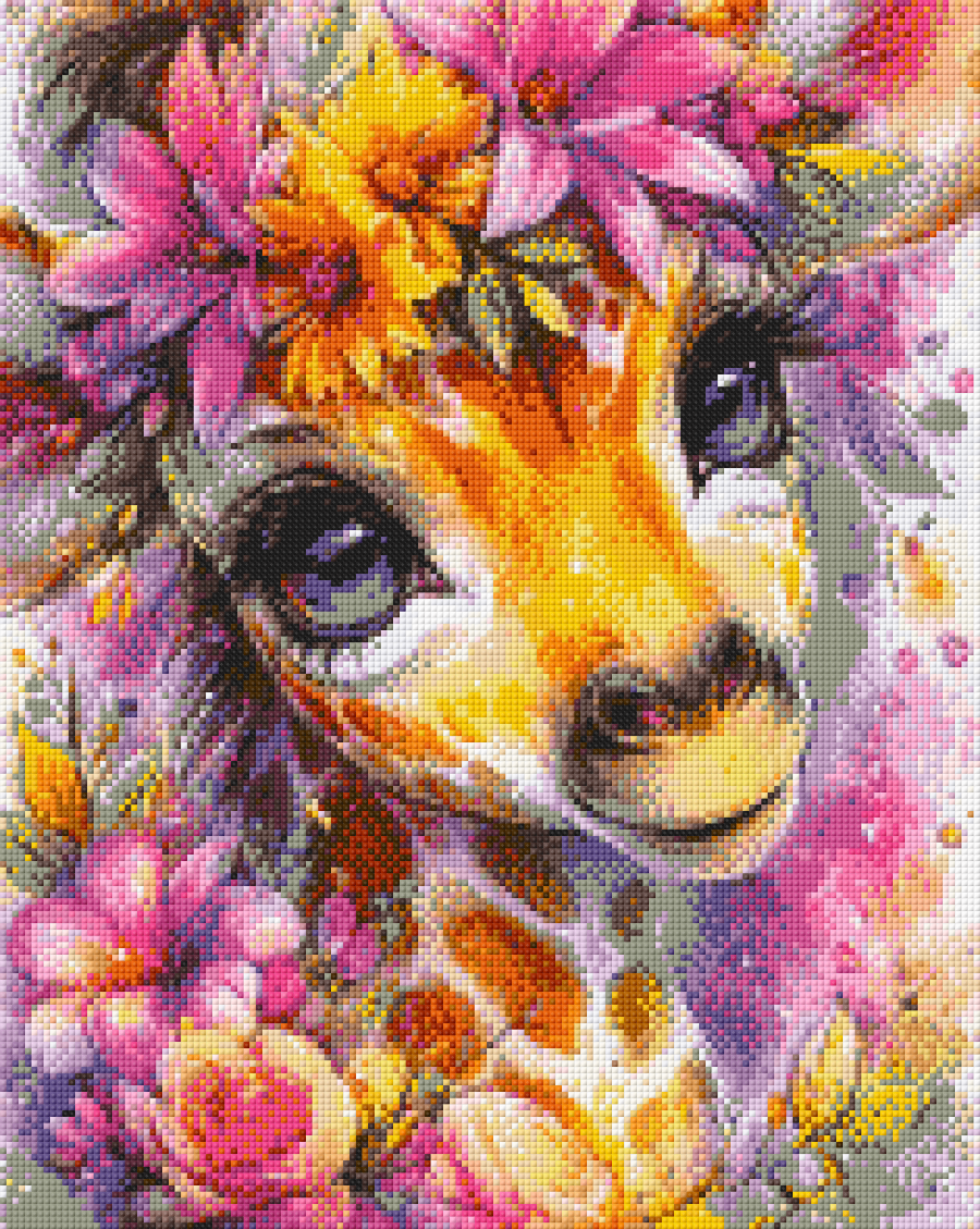 Preview of Floral Deer DIY diamond painting—40x50cm canvas with vivid flowers, sweet deer face, and square drills for easy crafting.