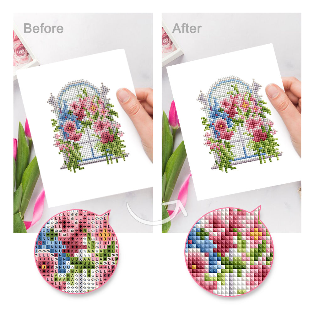 Before and after comparison of floral window diamond painting art with resin drill finish