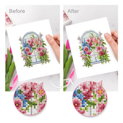 Before and after comparison of floral window diamond painting art with resin drill finish