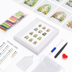 Complete floral window DIY diamond painting kit including canvas, drills, glue, tray, and tools.Complete tools, perfect for beginners.