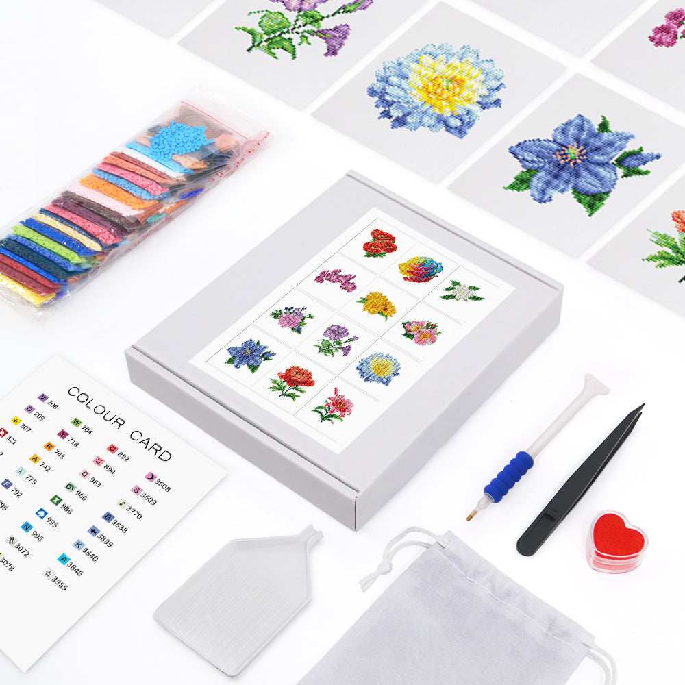 Complete diamond painting kit for flower series – includes resin drills, soft canvas, pen, tray, and color card.