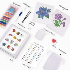 Complete diamond painting tools and accessories for flower series – includes resin drills, soft canvas, pen, tray, and color card.