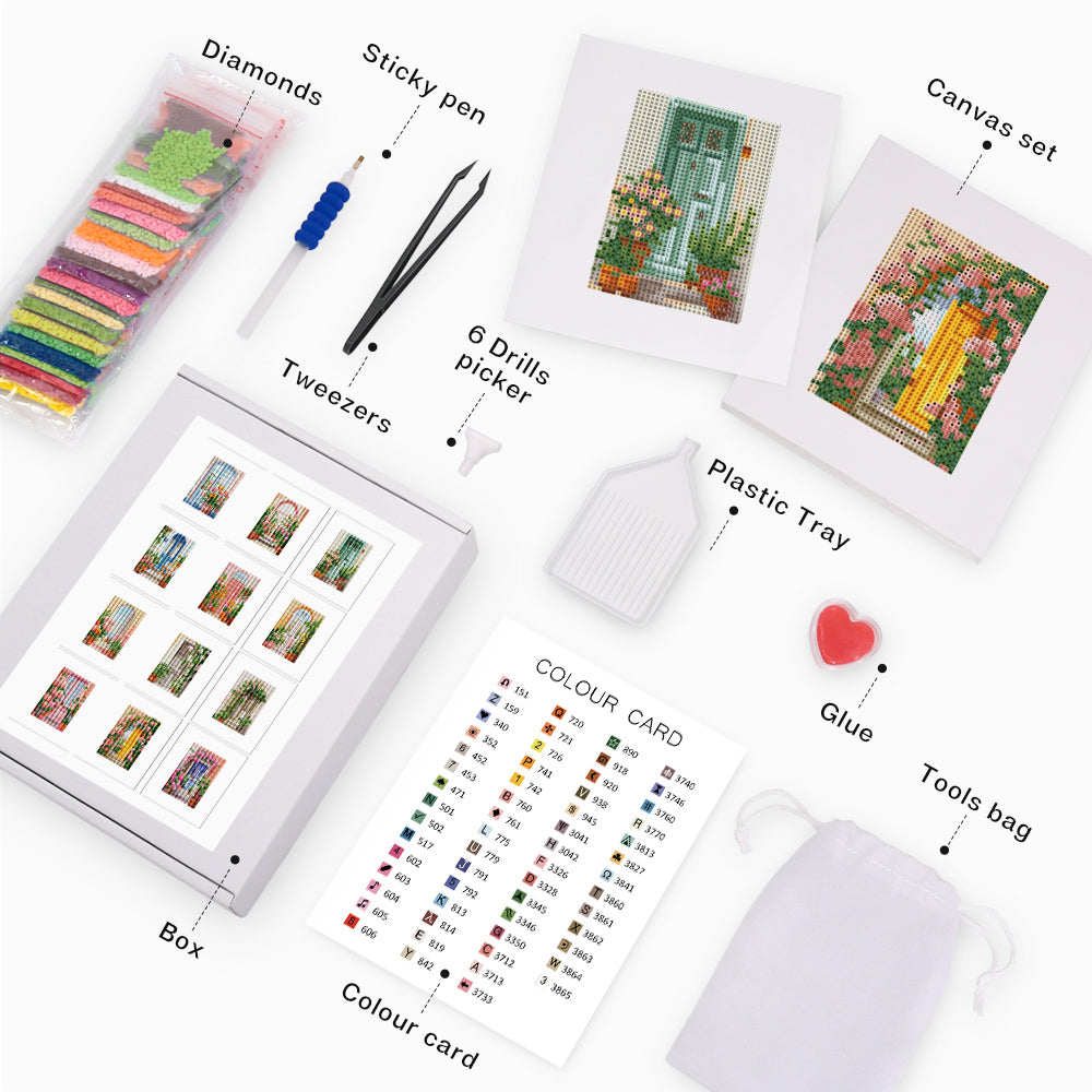 Complete overview of mini flower door diamond painting kit, showing all designs and included tools for DIY enthusiasts.