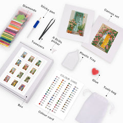 Complete overview of mini flower door diamond painting kit, showing all designs and included tools for DIY enthusiasts.